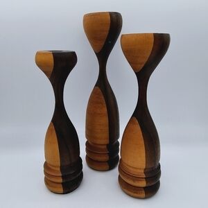 Two-Tone Wooden Candle Stick Holders - set of 3